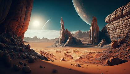 Wall Mural - Majestic landscape of an alien planet. Use as a Game background. Generative Ai.