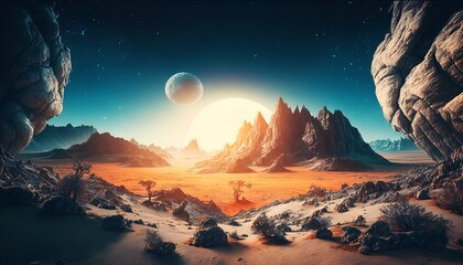 Wall Mural - Majestic landscape of an alien planet. Use as a Game background. Generative Ai.