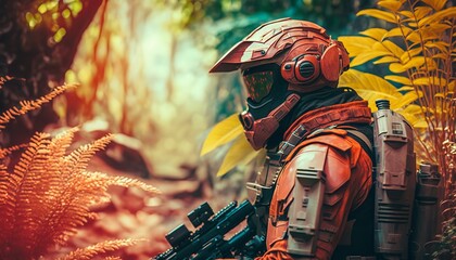 soldier in alien planet jungle. armed guy in the wild and soldier in the jungle of an extraterrestri