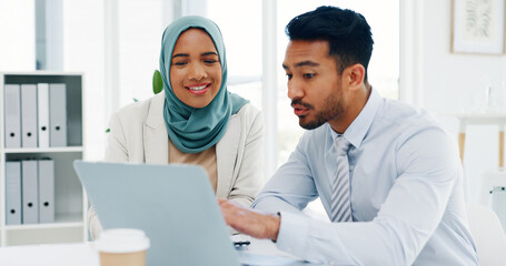 Poster - Research, diversity or business people on laptop in office for marketing strategy, web SEO growth or business meeting. Teamwork, happy or collaboration on tech planning, social media or network blog