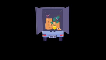 Poster - Cartoon Color Truck with Cardboard Boxes Moving House Concept Flat Design Style. Animation Effect Illustration of Delivery Service