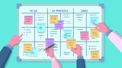 Poster - Cartoon Color Planning Board Concept Flat Design Style. Animation Effect Illustration of Whiteboard with Table and Notes Sticky