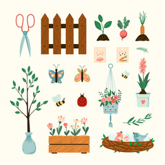 Wall Mural - Spring home gardening illustrations set. Vector plants, flowers and birds nest seasonal flat style collection Isolated