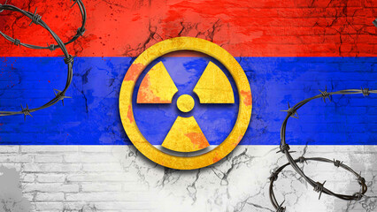 Radiation sign on the background of flag of Russia. The risk of nuclear war and radiation pollution.