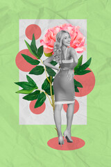 Sticker - Vertical collage image of stunning cheerful black white gamma girl posing big fresh flower isolated on drawing background