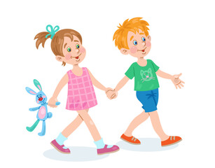 Wall Mural - Little boy and happy girl are walking hand in hand. In cartoon style. Isolated on white background. Vector illustration.