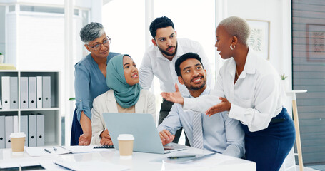 Leinwandbilder - Data analysis, diversity or business people in meeting for advertising strategy, web SEO growth or research. Teamwork, happy or manager on tech planning, social media or networking in office building