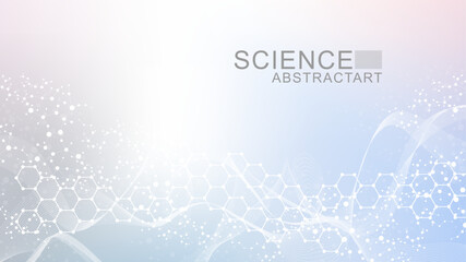 Poster - modern scientific background with hexagons, lines and dots. wave flow abstract background. molecular