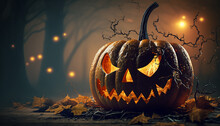 Closeup View Of Halloween Pumpkin With Blur Halloween Background, Generative Ai