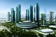 Sustainable Green City With Futuristic Office Building And Architecture . Sublime Image . Generative AI