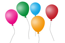 Bunch Of Balloons For Birthdays And Parties. Balloon Flying On A Rope. Blue, Red And Yellow Balls Isolated On White Background. Flat Icon For Celebration And Carnival. Vector.