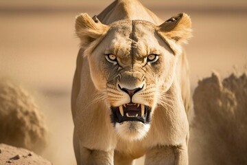 Canvas Print - Lioness in Africa savannah. Generative AI