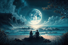 Couple Sitting Together Enjoying The Romantic View Of The Moonlight At A Beautiful Beach Generative AI