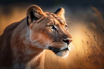 Canvas Print - Lioness in Africa savannah. Generative AI