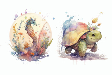 Poster - Seahorse and turtle in watercolor style. Isolated vector illustration