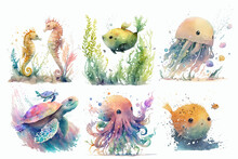 Seahorse, Fish, Jellyfish, Octopus, Turtle, Hedgehog Fish In Watercolor Style. Isolated Vector Illustration