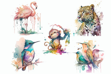 Aufkleber - Safari Animal set birds hummingbird, monkey and jaguar, flamingo in watercolor style. Isolated vector illustration