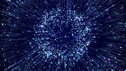 Wall Mural - Colorful fireworks. Aerial flyight inside festive fireworks. Speed, fireworks, red blue neon glow, stars. 3D render. 4k animation.