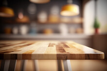 Empty Wooden Tabletop With Blurred Kitchen Background. Mock Up For Display Or Montage Of Product. Blur Kitchen Counter Background For Montage Product Display For Visual Layout. AI Generated Image