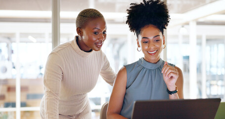 Poster - Business, black woman and employee laptop for digital marketing, connection and conversation in workplace. Coworkers, female consultants and discussion for online system, reading and explain process