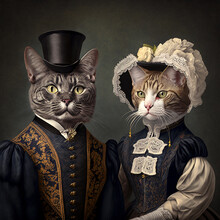 Cats Dressed In Vintage Clothes In Victorian Style, Portrait In The Style Of The 19th Century, Funny Cute Cats In Human Clothes. AI Generated Image.
