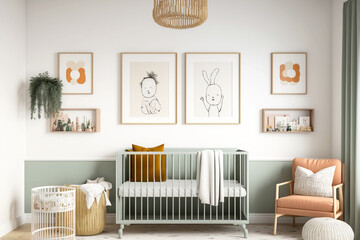 modern minimalist nursery room in scandinavian style. baby room interior in light colours, ai genera
