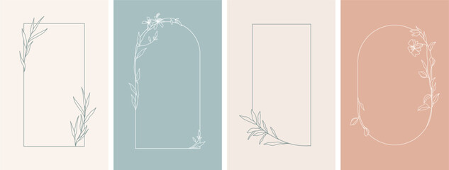 elegant frames with hand drawn flowers and leaves, design templates in line style. vector background