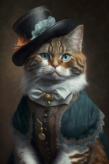 Cat dressed in vintage clothes in Victorian style, portrait in the style of the 19th century, funny cute cat in human clothes. AI generated image.