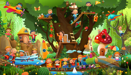 Wallpaper in children room. Poster with lot of kids have fun and play on playground. View nature landscape. Summer large oak tree. Vacation kids. Difficult composition. Cartoon style. Vector.