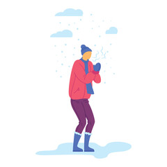 Sticker - Cartoon Character Man and Cold Weather Concept Flat Design Style Isolated on a White Background. Vector illustration