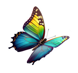 very beautiful blue yellow green butterfly in flight isolated on a transparent background.
