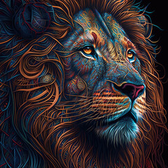 Lion, colorful, intricate details 