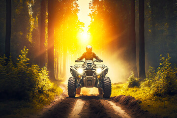 motorcycle riding on forest roads against background of sun and sky atv in the forest, generative ai