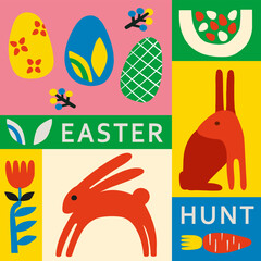 Poster - Happy Easter flat modern vector illustration. Egg hunt poster template. Minimalism. Hand drawn abstract flowers, bird, easter bunny, egg.