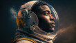 Close up portrait of a african male astronaut in space created using Generative AI.