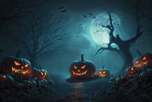Spooky Halloween Forest With Scary Black Trees And Pumpkins On The Ground. AI Generated. Background