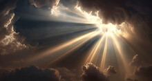 Heavenly Rays Of Light In The Clouds. Dreamy Inspiring Hope Concept. Sun Rays From Heaven. Blessed Light.
