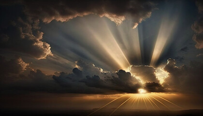 Wall Mural - Heavenly rays of light in the clouds. Dreamy inspiring hope concept. Sun rays from heaven. Blessed light.