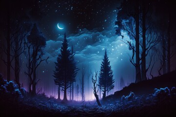 Fantasy night forest. Fairy tale atmosphere. AI generated