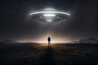 © Kitten Monster - alien ship UFO approaching a man at night, silhouette of an alien abduction, generative ai