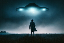 Alien Ship UFO Approaching A Cowboy At Night, Silhouette Of An Alien Abduction, Generative Ai