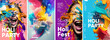 Holi, great design for any purposes. Set of vector illustrations. Happy festive background. Festive banner. Typography design and vectorized 3D illustrations on the background.