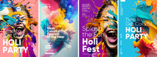 Holi, Great Design For Any Purposes. Set Of Vector Illustrations. Happy Festive Background. Festive Banner. Typography Design And Vectorized 3D Illustrations On The Background.