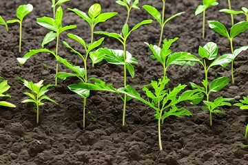 Close Up Of Tiny Green Seedlings Sprouting In The Ground Forming A Graph With Different Stages Of Growth. Generative AI