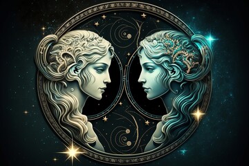 Gemini zodiac sign, two women with space background, Generated AI