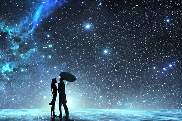 Wall Mural - man and woman silhouettes at abstract cosmic background. human souls couple in love. astral body. es