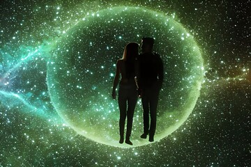 Wall Mural - man and woman silhouettes at abstract cosmic background. human souls couple in love. astral body. es