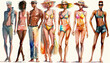 © stock_santa - Summer bikini fashion models sketch, watercolor swimwear men and women Generative AI illustration