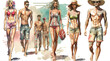 Summer bikini fashion models sketch, watercolor swim wear models men and women Generative AI illustration