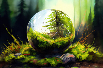 Wall Mural - Globe On Moss In Forest - Environmental Concept. Generative Ai